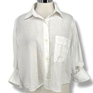 Madewell Alice Linen-Blend Cropped Button-Up Shirt Long Sleeves Size Medium NWT